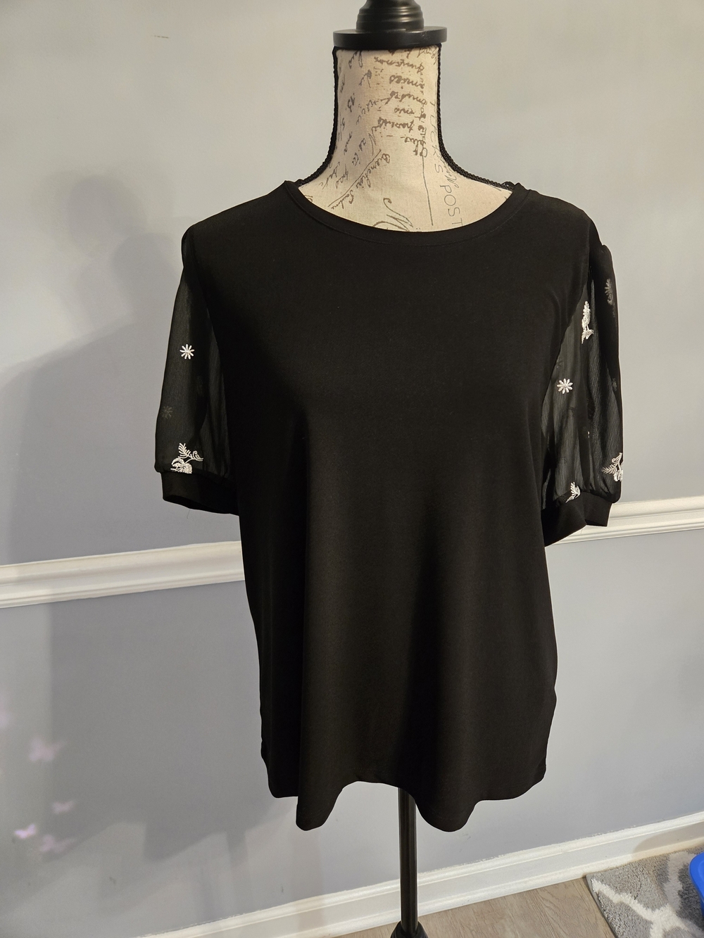 CeCe Black Short Sleeve Top with Embroidered Sheer Sleeves